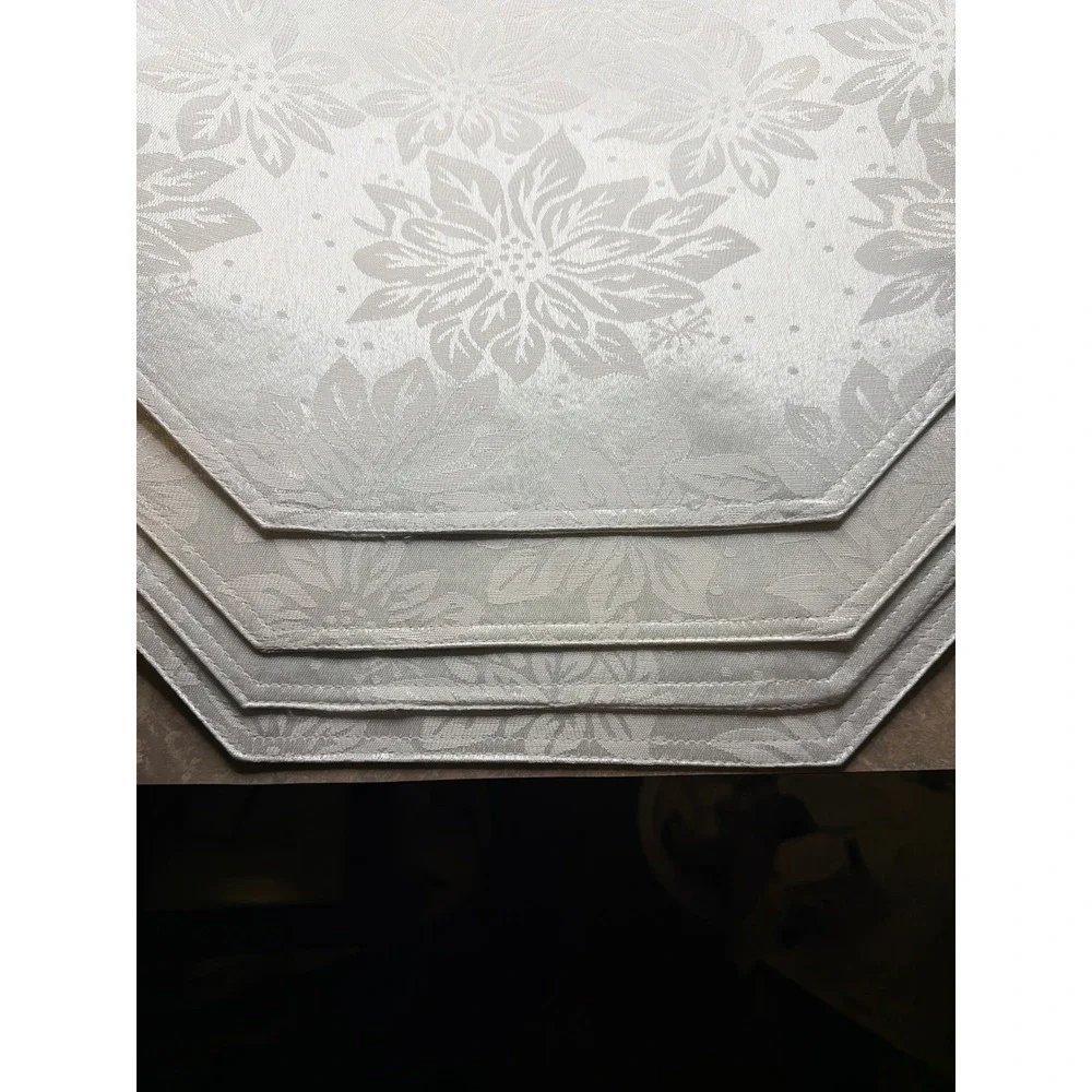 White Damask Poinsettia Christmas Placemats Set of 4 Octagon Holiday Table Decor